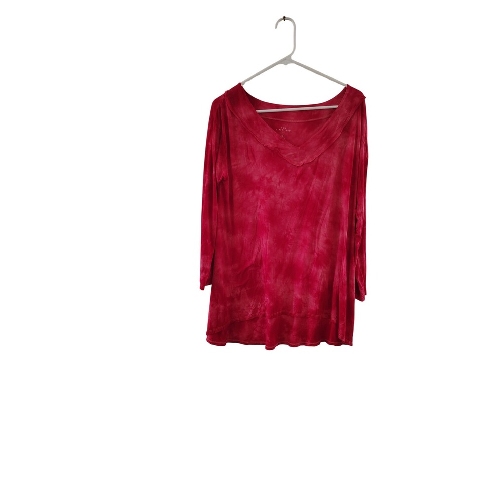 New Directions Womens Red Tie Dye V-Neck Long Sleeve High-Low Tunic Top Size M